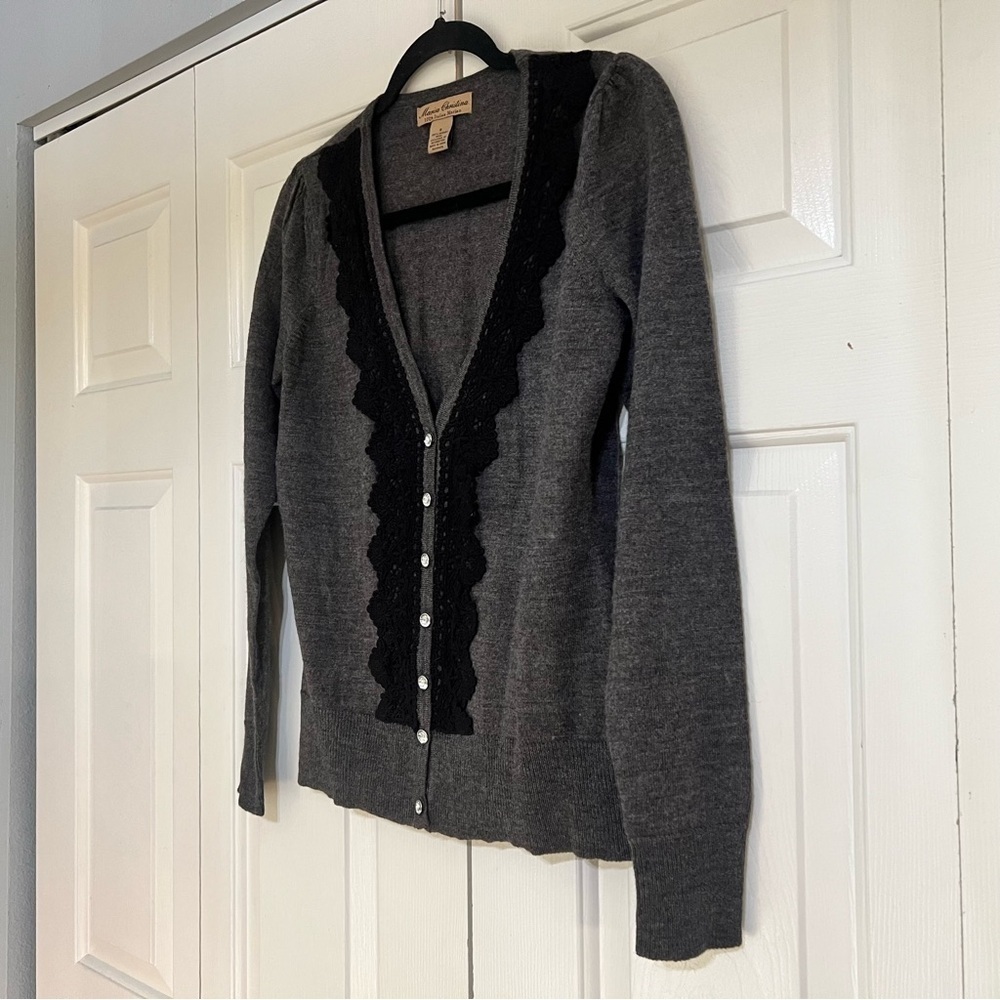 Marisa Christina Cardigan Sweater Button Front Merino Wool Gray Size Small Lace